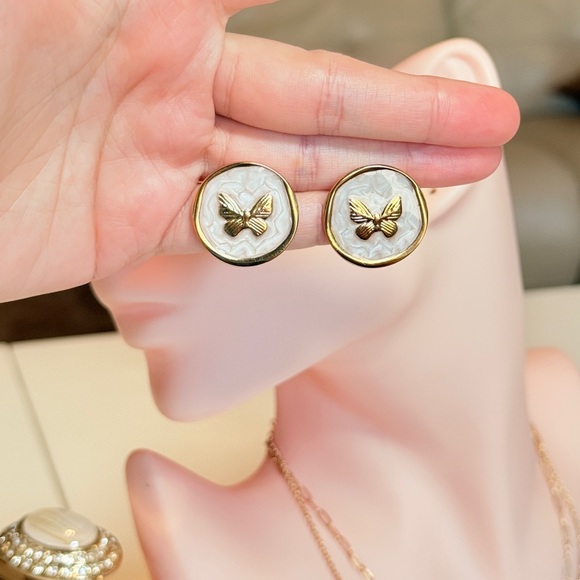 Gold and White Butterfly Earrings - Picture 10 of 10